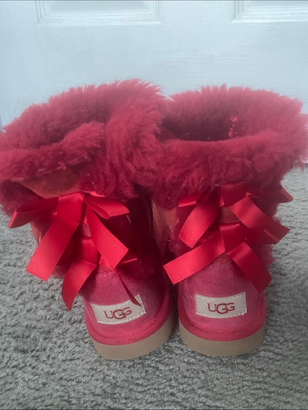UGG Kids Red Suede Bow-Back Boots